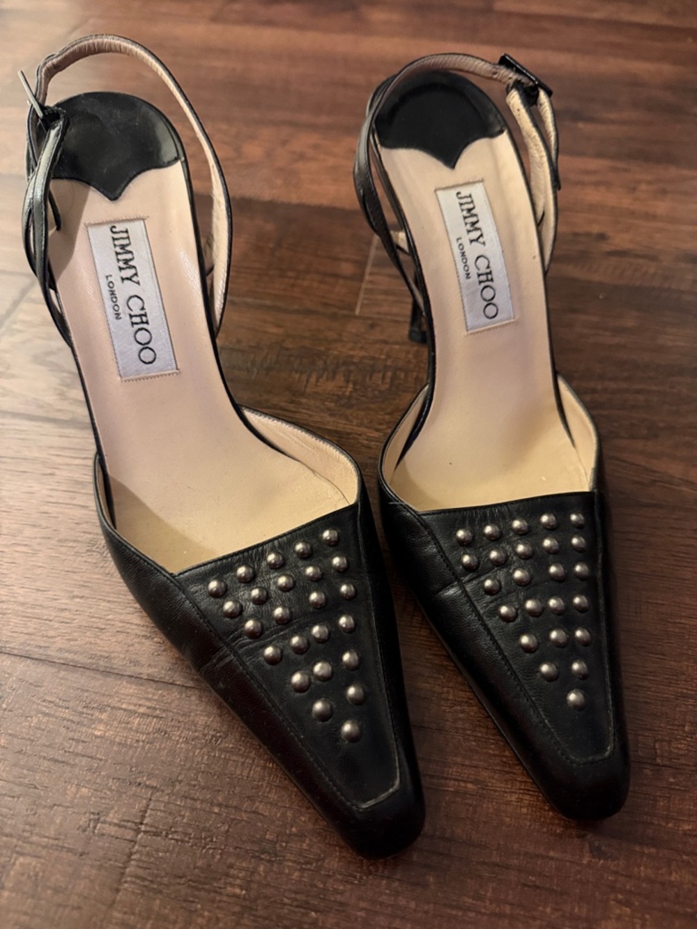 Jimmy Choo Black Studded Slingback Pumps with Pointed Toe